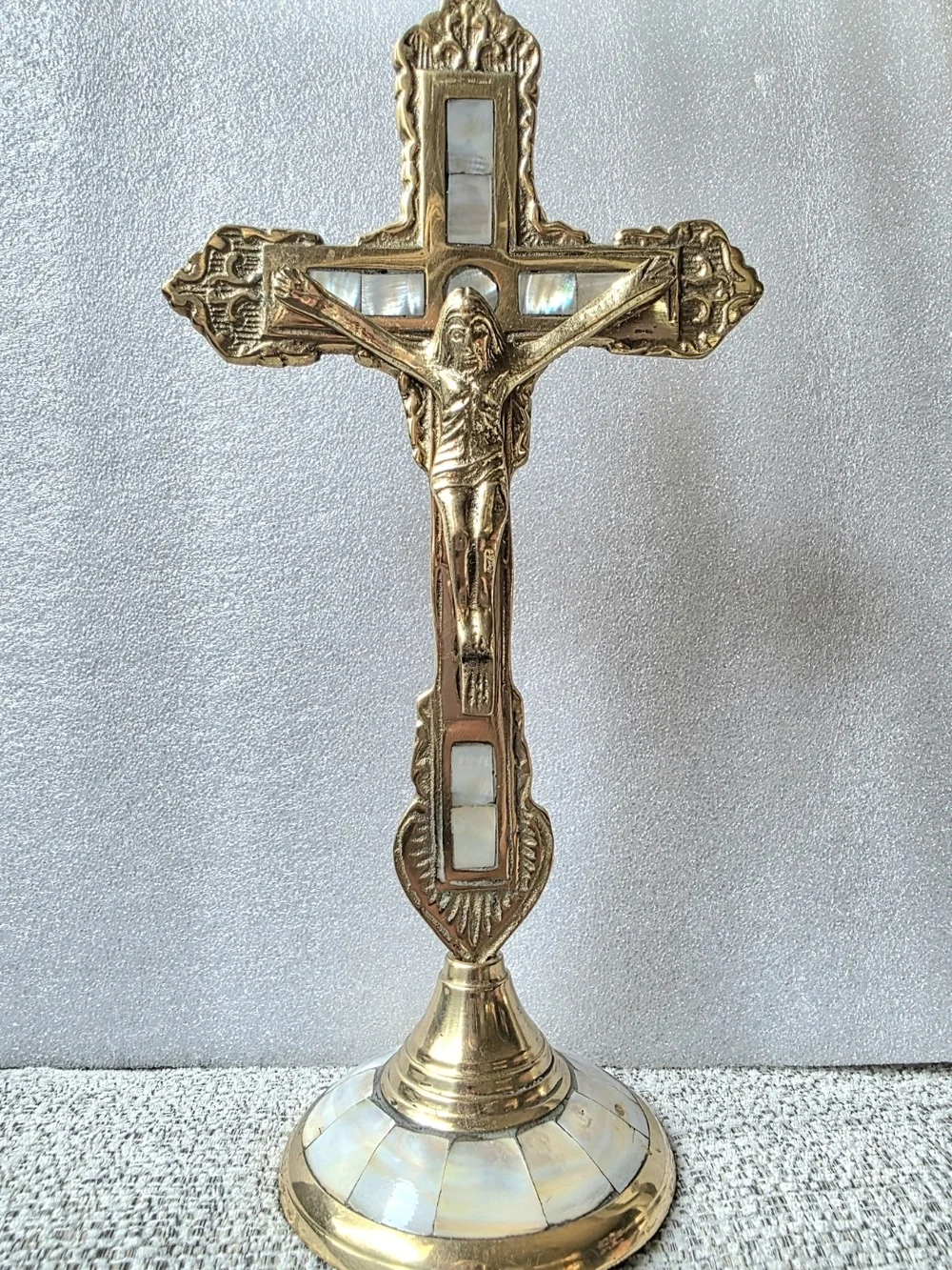 Vintage Brass & Mother of Pearl Standing Crucifix - Altar Tabletop Cross, 10